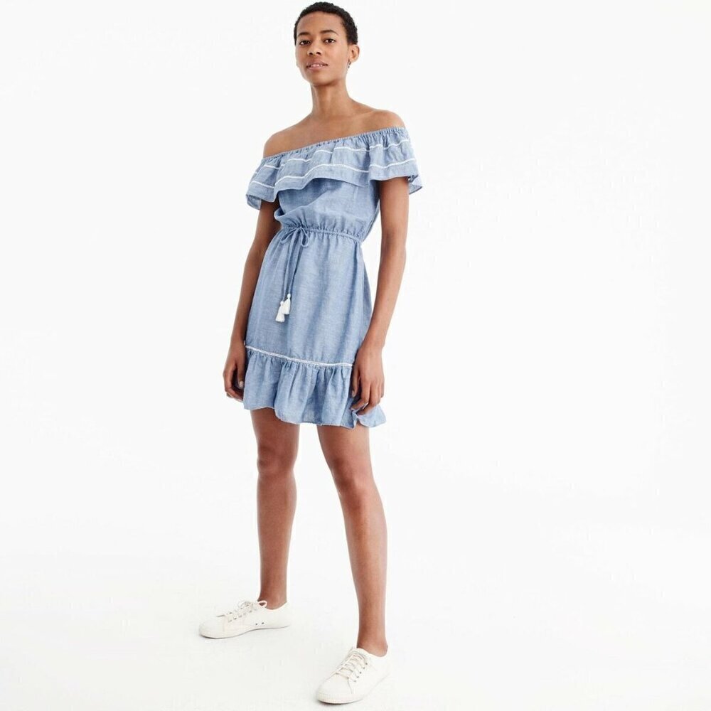 J Crew off shoulder beach dress lapis blue ruffle white eyelet sleeveless new XL